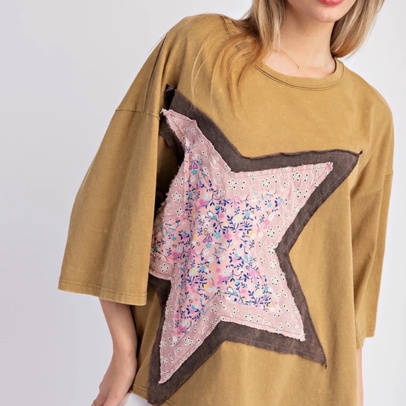 New Easel Star Top Women's Olive Patchwork Boho Shirt Top Pullover Plus Size - Picture 6 of 12